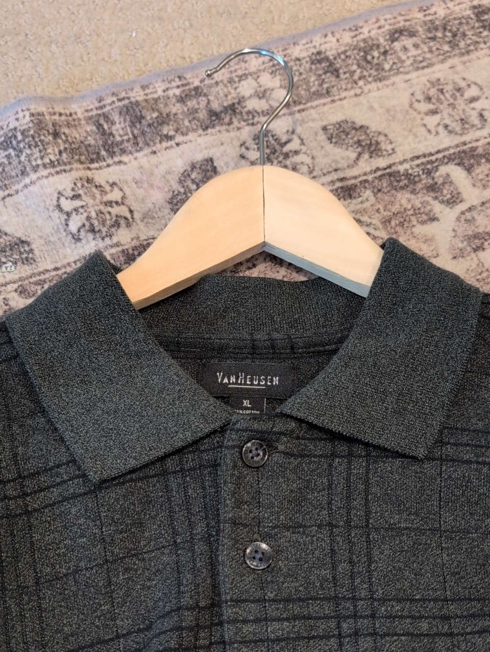 Van Heusen Dark Gray-Green Plaid Long Sleeve 1/4 Button Up Cardigan, 76% Cotton